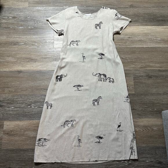 Connie Choi Dresses & Skirts - Vintage 90s Connie Choy Safari Animal Print Midi Dress Rayon Linen Tie Waist S M